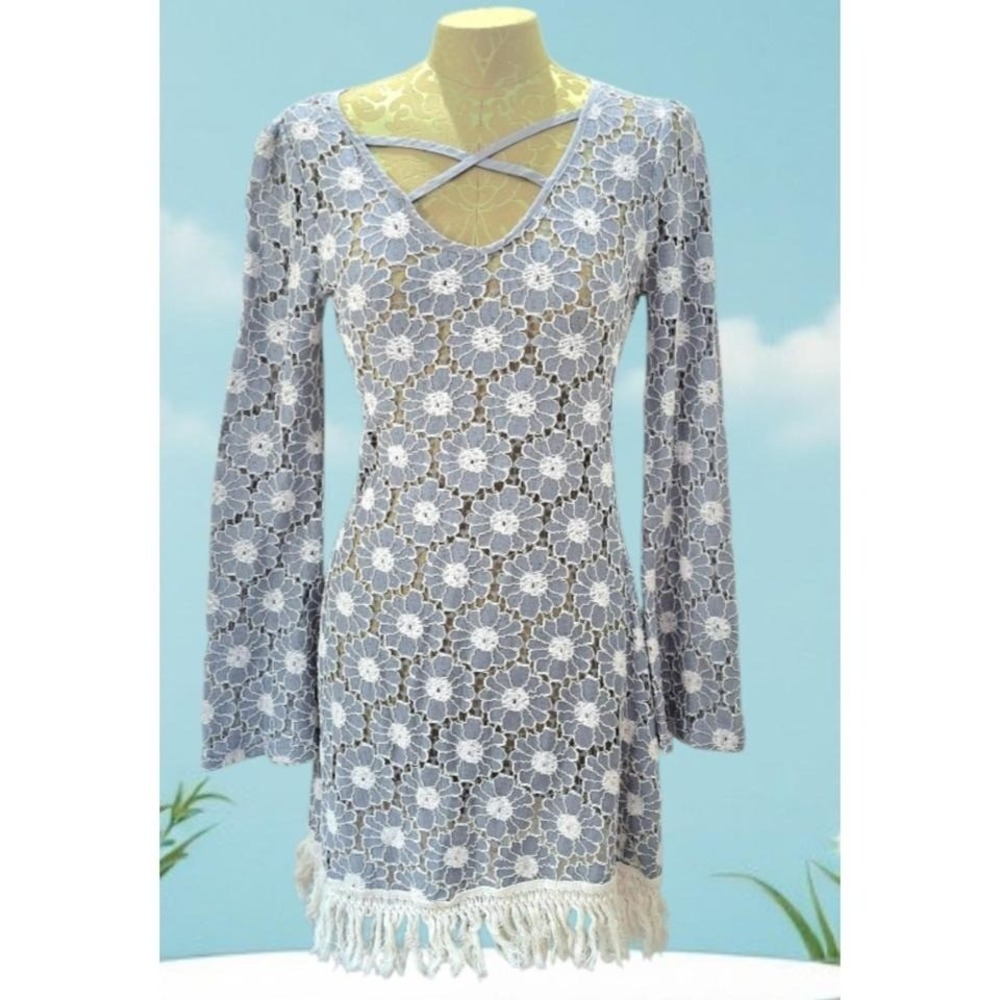 A' Reve blue crochet mini dress swim cover fringe hem Size s boho festival beach